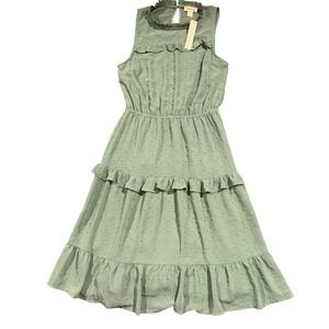Monteau Los Angeles Sage Green Swiss Dot Tiered Ruffle Midi Dress NWT Size Large